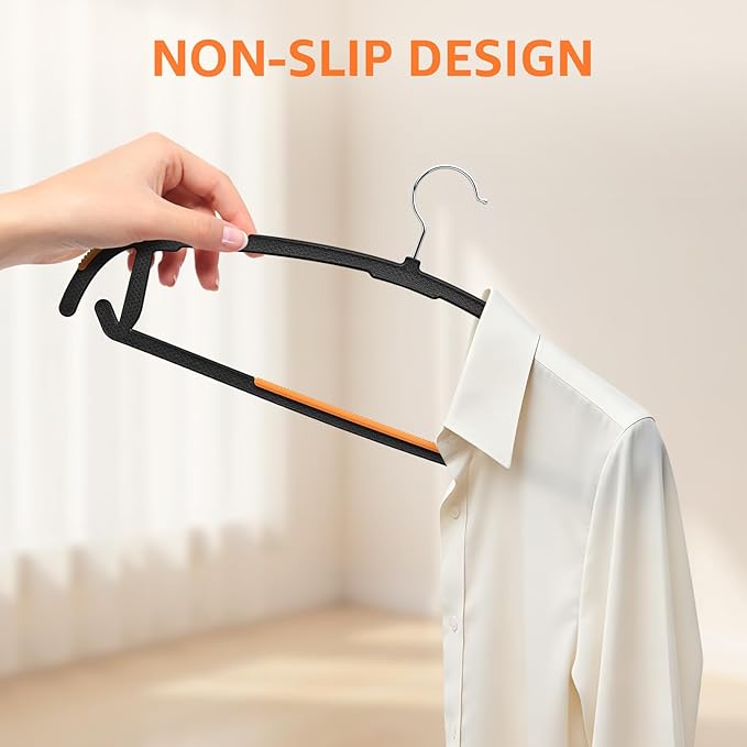 Yolife Plastic Clothes Hangers 50 Pack with Non-Slip Pads, 17.5" L × 8.3" H Heavy Duty Hanger with 360° Swivel Metal Hook, Slim Space Saving Hangers for Closet Organizer, Black & Orange