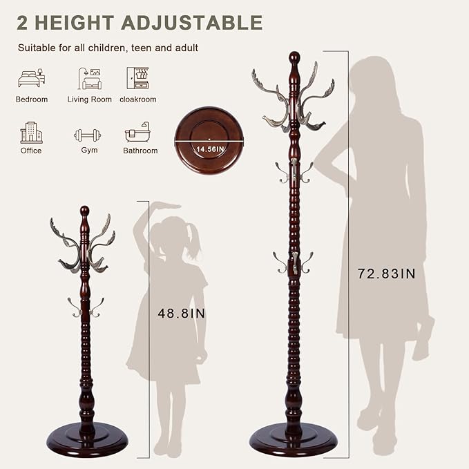 Wooden coat rack stand, Heavy duty coat racks tree freestanding with 14 Hooks and Sturdy Round Base, Coat tree for jacket, Hats, Bags, Purses, clothes (Round base-Metal Phoenix Groove)