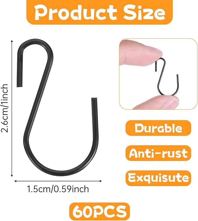 60 Pcs S Hooks for Hanging, 1 Inch Metal Hanging Hook S Shaped Metal Hook, Hanger Connector Hooks Ornament for Hang Jewelry Small Kitchenware Potted Plants(Black)