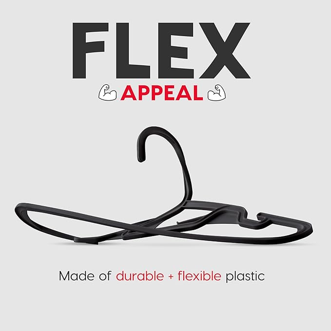 IRIS USA Lightweight Flexible Hangers 50 Pack, Made in USA, Plastic Clothes Hangers with Shoulder Grooves & Accessory Hooks, Dorm Apartment Essentials, Adult Hangers for Light Shirts Clothing, Black