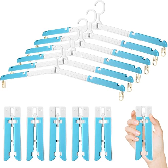 Foldable Travel Hangers for Cruise, 6 Pack Portable Collapsible Hangers with Clips, Folding & Space-Saving Suitcase Hangers for Travel, (Blue-White)