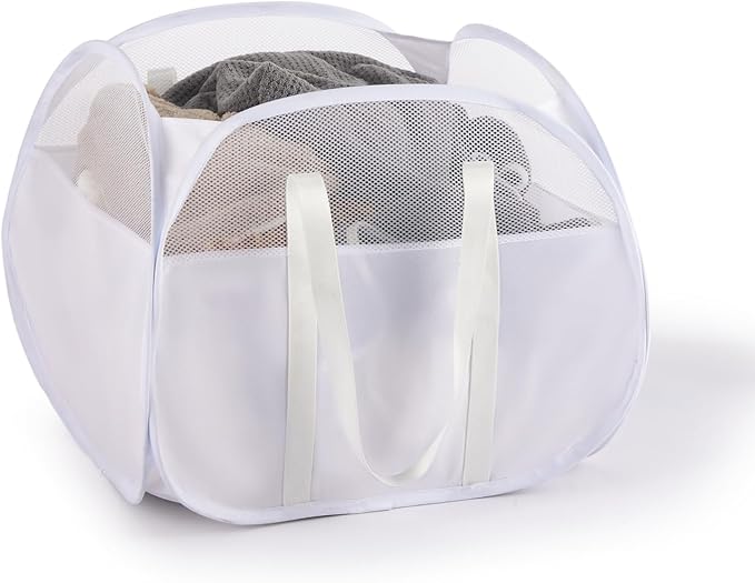 TECHMILLY Pop Up Foldable Laundry Basket, 90L Large Capacity Square & Tear Proof Laundry Hamper with Reinforced Handles for Dirty Clothes Storage in Dorm, Laundry Room, Bathroom, White(Fabric)