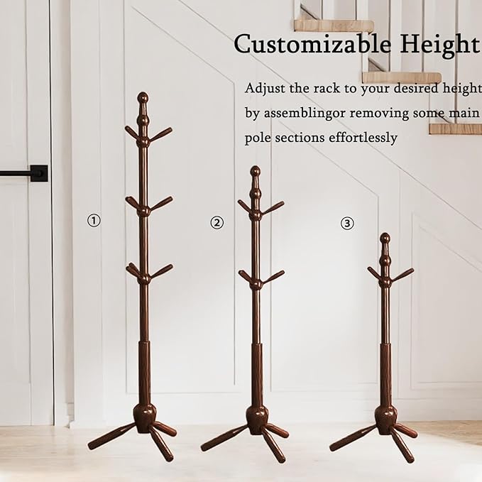 Solid Wood Coat Rack Stand, Vintage Heavy Duty Coat Hanger Stand with 9 Hooks, 3 Adjustable Size Sturdy Coat Tree for Living Room, Entryway, Office, Hallway, Brown