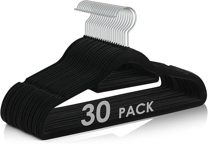 Velvet Hangers Non Slip Felt Hangers, 30 Pack Black Velvet Clothes Hangers Space Saving Slim with 360 Degree Swivel Hook for Suits Coats, Jackets, Pants, and Dress Clothes