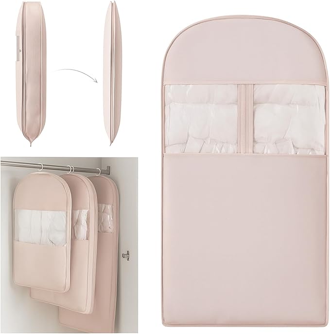 Space Saving Hanging Compression Garment Bag with Zipper for Closet Storage, Hanging Clothes Storage Bag, Garment Covers for Coats and Down Jackets, Pnik, L
