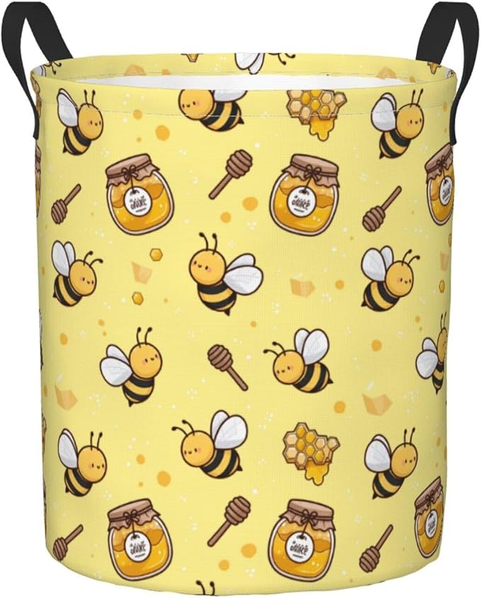 Dujiea Bees Honey Laundry Basket Round with Handle, Collapsible Foldable Canvas Storage Bin Dirty Clothes Bag for Laundry/Toys Organizer/College Dorm/Nursery/Decor(2 Sizes)