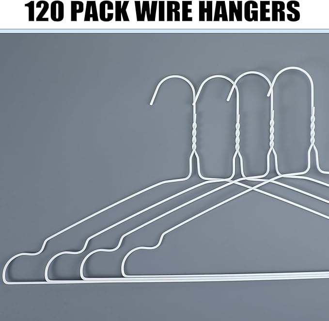 120 Pcs Wire Hangers Bulk 16" Dry Cleaner Hangers for Clothes Caped Clothing Pants (White,Groove)