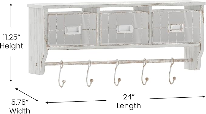 Flash Furniture Daly Wall Mounted Storage Rack - Whitewashed Solid Pine Wood - 24 Inch - Upper Shelf - 5 Hooks - Wire Baskets - For Entryway, Kitchen, Bathroom