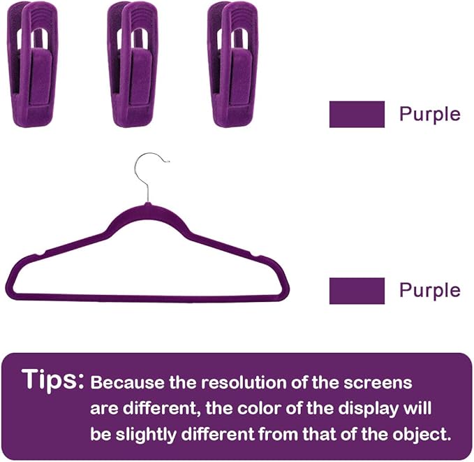 Trgowaul Purple Velvet Hangers Clips, Pants Hangers Velvet Clips, Strong Finger Clips Perfect for Thin Velvet Hangers (20 Pcs, Purple)