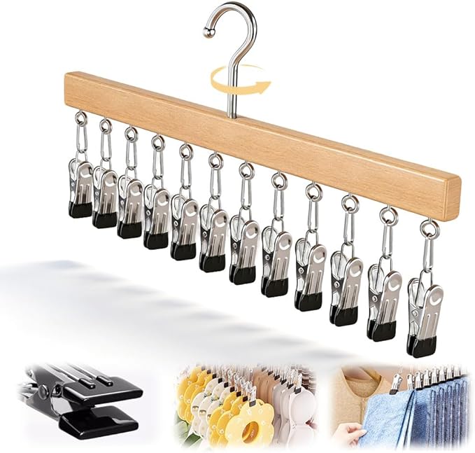 Legging Hangers for Closet, 2026 New Closet Organizer with Clips, 360° Rotating Space Saving Hanging Closet Organizer for Leggings Socks Hats Jeans (Wood-12 Clips, 1PC)