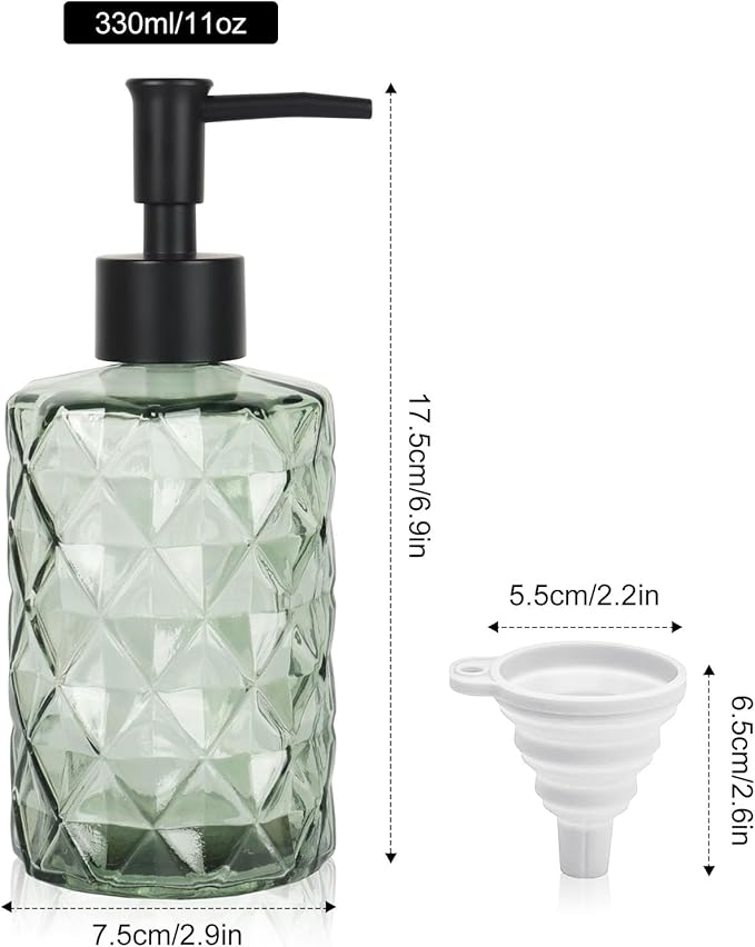 Green Glass Soap Dispenser, 11 Oz/330ml Liquid Hand Lotion Dispenser Set for Kitchen Sink and Bathroom, Dish Soap Dispenser Set, Lotion Glass Lotion Bottles with Black Pump (Army Green)