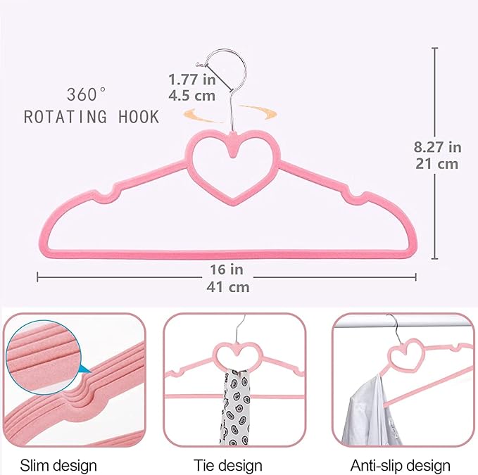 Velvet Hangers 20 Pack, 16" Non Slip Adult Hangers, 360 Degree Swivel-Hook, Ultra Slim Clothes Felt Hanger Space Saving, Durable & Cute for Coats, Jacket, Shirts, Dress (Velvet, Heart)
