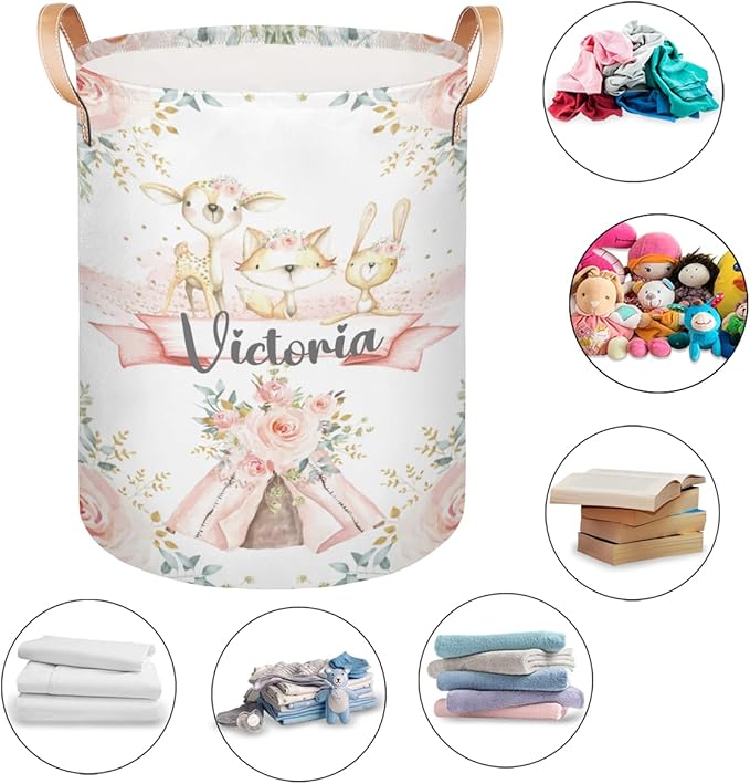 Personalized Laundry Basket, Custom Gift Laundry Hamper, Collapsible Nursery Waterproof Laundry Baskets, Dirty Clothes Toy Hamper with Handles Boho Woodland Animals