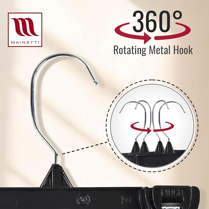 MAINETTI - 6008SMB50 Mainetti 6008 Black Plastic Children's Hangers - 50 Pack with Rotating Metal Hook and Sturdy Plastic Non-Slip Clips, Great for Pants/Skirts/Slacks/Bottoms, 8 Inch
