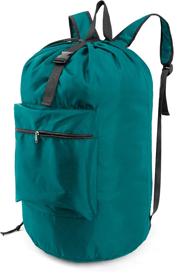 BeeGreen Laundry-Bag-Portable-Backpack, Mars Green Nylon Drawstring -Laundry Backpack Heavy Duty Tall Foldable Extra Large Dirty Clothes Travel Bag with Handle College Dorm Apartment Essentials