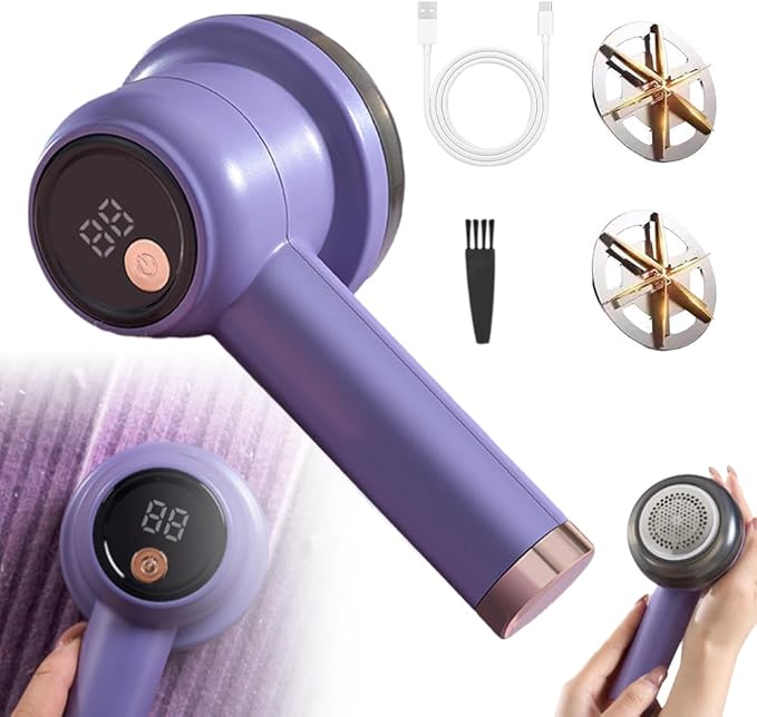Rechargeable Fabric Shaver Fuzz Remover, Electric Lint Remover Shaver, 3 Modes Lint Remover for Clothes, Digital LED Display to Remove Pilling for Clothes Furniture Couch (Purple)