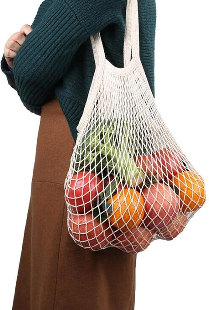 4 Pack Portable Reusable Grocery Bags Fruit and Vegetable Bag Washable Cotton Mesh String Organic Organizer Shopping Handbag Long Handle Net Tote (blue,Black,Beige,Orange)
