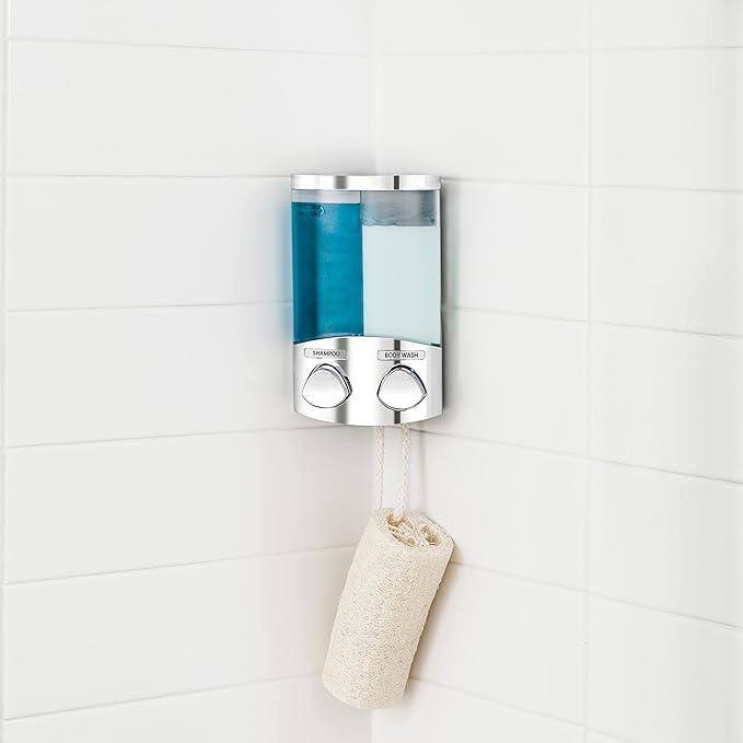 Better Living EURO Shower Dispenser Wall Mount Shower Soap Dispenser for Bathroom Hotel Body Wash, Corner or Flat Wall Shower Shampoo Dispenser, Built-in Hooks, 2 x 10.5 oz, Chrome, 2-Chamber