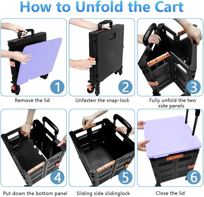 FELICON SELORSS Foldable Utility Cart Folding Portable Rolling Crate Handcart with Heavy Duty Telescoping Handle Collapsible 4 Rotate Wheels for Travel Shopping Move Luggage Office Use(Black+Purple)