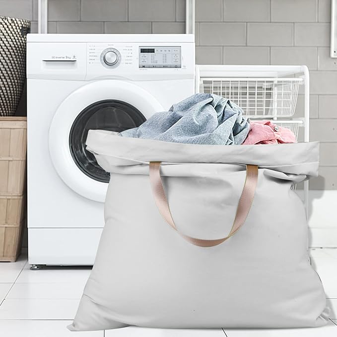 Sanlykate Large Canvas Cotton Laundry Bag with Drawstring & Handles, Heavy Duty Durable Dirty Clothes Organizer, Tear Resistant Hamper Liner Storage Bag, Travel Sack, 25.5 x 34inch - Light Grey