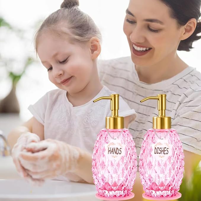 MALACHI Soap Dispenser Set, Crystal-Textured Diamond Glass with Rustproof Stainless Steel Pump, Dual-Labelled Hand & Dish Soap Dispenser for Kitchen & Bathroom