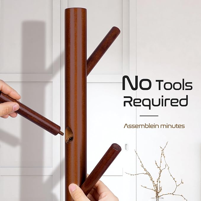 2PCS Solid Wooden Coat Rack Freestanding, New Zealand Pine Coat Tree with 8 Hooks & 3 Adjustable Sizes for Coats, Hats, Handbags and Scarves, Space Saving for Entryway/Office/Bedroom (Brown)