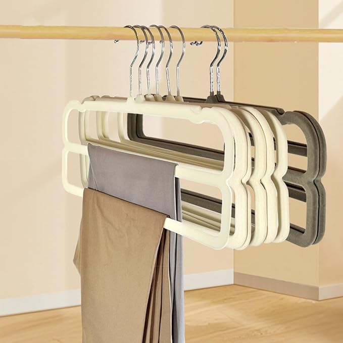 VSV stoage Velvet Pants Hangers with Double Non Slip Bar - Multiple Velvet Hangers for Closet - Thin Space Saving Clothes Hanger - 360° Swivel Felt Trouser Hanger Perchas Terciopelo 10 Pack (Grey)