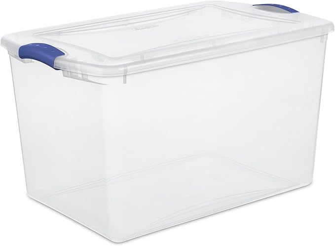 66 Quart Large Clear Plastic Storage Bin – Airtight Latch Lid Container with Blue Handles, Stackable & Durable for Closets, Garages, Dorm Rooms & Basements (Fits Bedding/Seasonal Clothes)