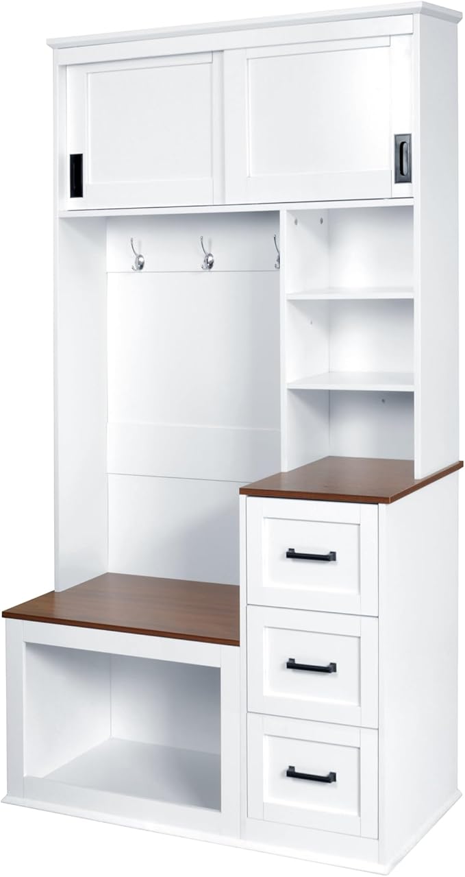 Modern Hall Tree with Top Storage, Coat Rack, 3 Shelves and Drawers, 3 Sturdy Hooks, 40.2'' Wide Hall Tree with Storage Bench for Hallway, Entryway, Living Room (White/331)