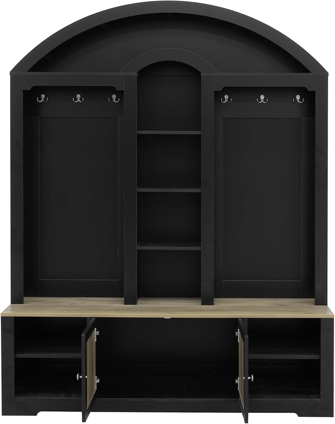 77''H Hall Tree with Curved Design, Multi-functional Coat Rack with Shoe Racks, Clothes Hangers, Hooks, Double-Layer Storage Cabinets and Open Storage Space for Hallway, Living Room (Black+Natural)
