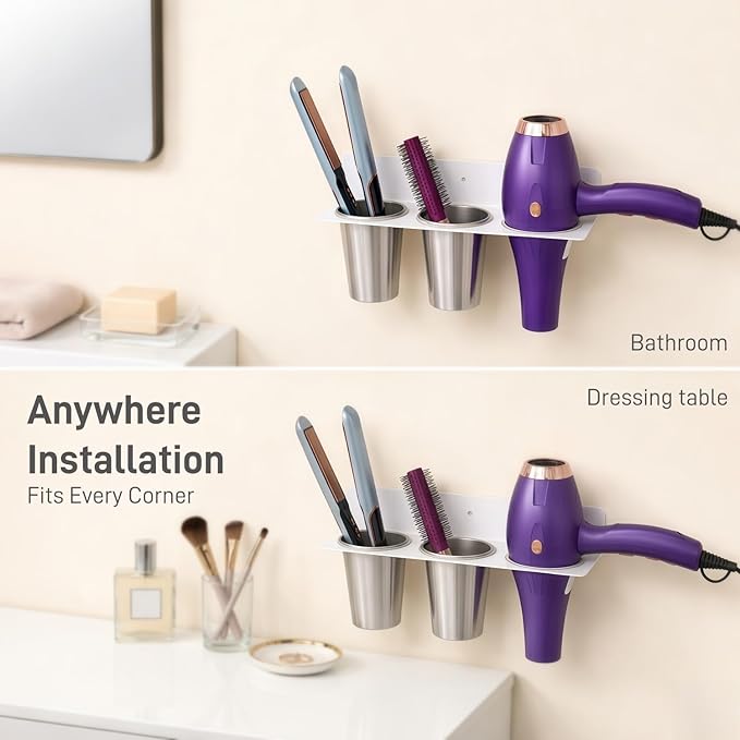 Hair Tool Organizer Wall Mount, Aluminum Alloy Curling Iron Holder Wall Mount, Hair Dryer and Straightener Holder with 2 Stainless Steel Cups 3-in-1 Storage for Bathroom Vanity Salon White PTALSEAW