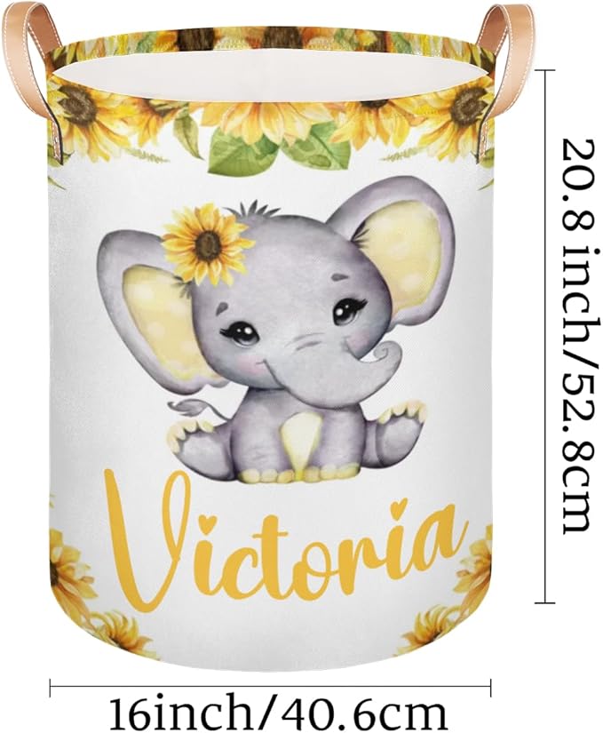 Personalized Laundry Basket, Custom Gift Laundry Hamper, Collapsible Nursery Waterproof Laundry Baskets, Dirty Clothes Toy Hamper with Handles Girl Elephant Sunflower