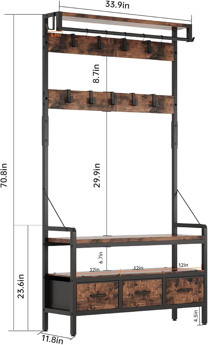 Hall Tree with Bench and Shoe Storage, Freestanding Entryway Coat Rack with 3 Fabric Drawers, 16 Hooks
