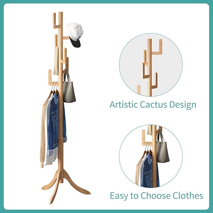Coat Rack Freestanding, Bamboo Cactus Coat Tree, Adjustable Height Wooden Coat Stand with 6 Hooks, kids coat rack, Used In The Bedroom Living Room, Office To Hang Clothes, Hats, Bags