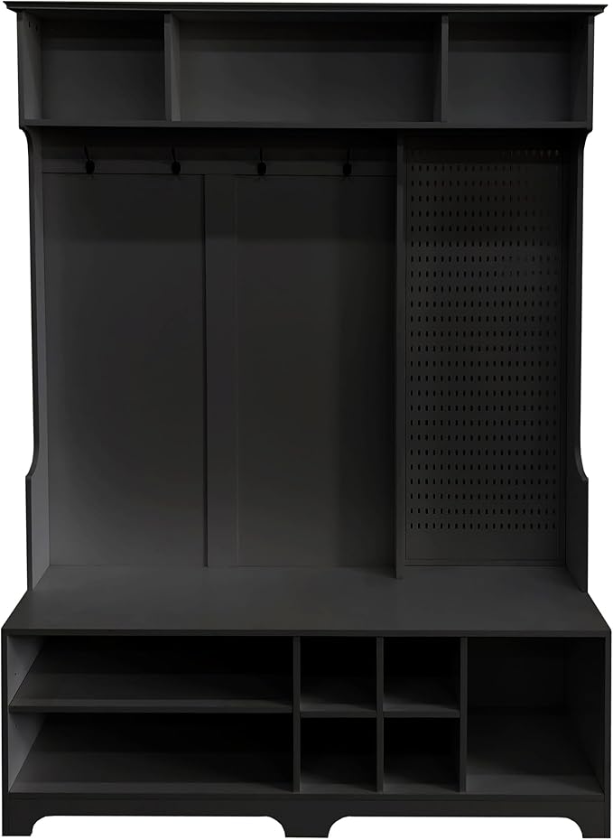 4-in-1 Wide Hall Tree with Shoe Bench, Coat Rack, Shoe Storage, Storage Shelves and Pegboard, Wood Entryway Coat Hanger for Hallways Halls Living Room (Black-757)
