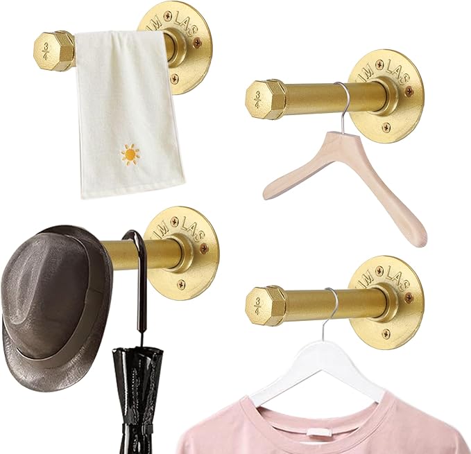 BTSKY 4 Pack Gold 6 Inch Iron Industrial Pipe Clothes Rack with Screws, Heavy Duty Wall Mounted Clothing Hanging Rod Shelving Brackets for Laundry Room Retail Store