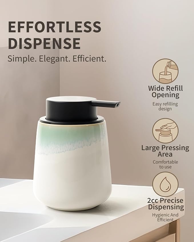 BosilunLife Hand Soap Dispenser - Ceramic Dish Soap Dispenser for Bathroom 12ounce Refillable Liquid Hand Wash Dispenser for Essential Oil, Lotion Soap, White with Blue-Green Rim