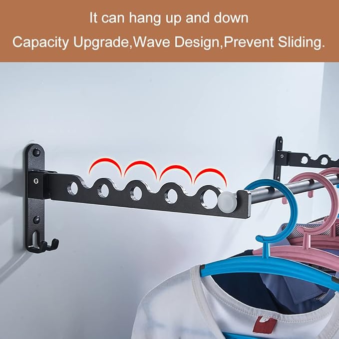 Small Wall Clothes Rail, Aluminium Foldable Drying Rack Hook 90° Rotation Coat Hanger for Laundry Bathroom Balcony (Black Fixed Seats+Rod)