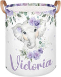 Personalized Laundry Basket, Custom Gift Laundry Hamper, Collapsible Nursery Waterproof Laundry Baskets, Dirty Clothes Toy Hamper with Handles Purple Floral Cute Elephant