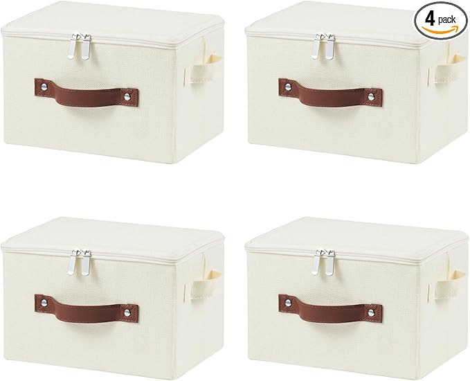 4 Pack Storage Bins with Zipper Lid Cotton Linen Fabric Lidded Storage Baskets Boxes Foldable Washable Closet Shelf Clothes Organizer Container with PU Leather Handles (Beige, Small)