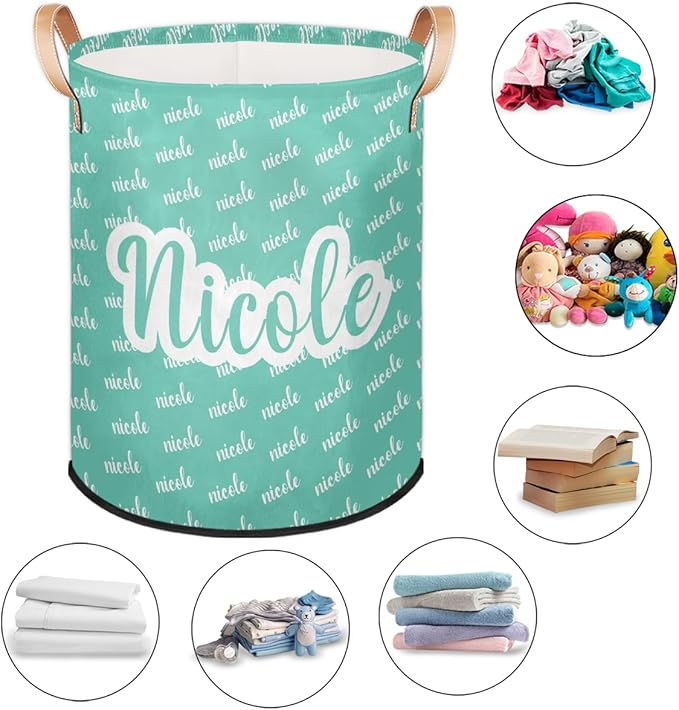 Custom Name Laundry-Hamper, Personalized Cyan Kids-Clothes-Hamper Foldable with Name, Customized Storage Basket with Handles Waterproof Gift for Boys Girls Baby Women