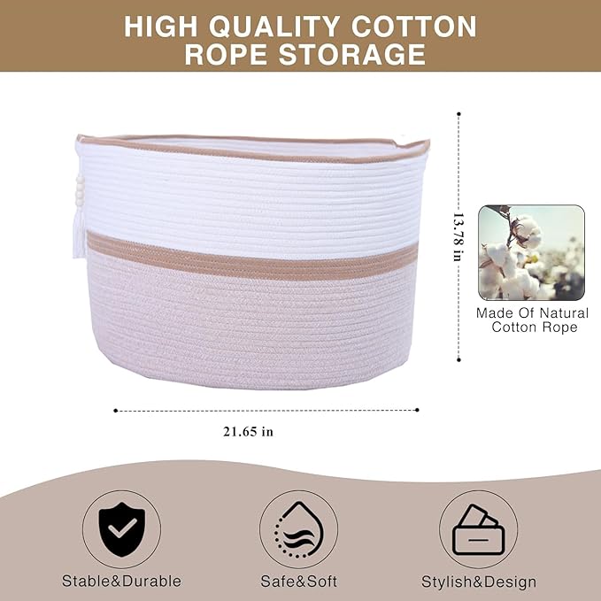 Large Woven Rope Laundry Hamper, Cotton Rope Storage Basket with Handles, Multipurpose Storage Basket for Laundry, Toys, Blankets in Bedroom, Bathroom, Living Room - Stylish & Durable (Brown, 100L)