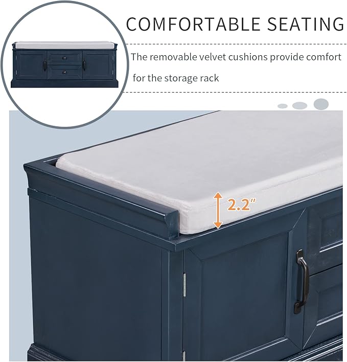 Knocbel 42.5" Entry Storage Bench with Removable Cushion, 2 Drawers and 2 Cabinets, Entryway Hallway Foyer Shoe Bench End of Bed Bench with Aluminum Handles, 200lbs Weight Capacity (Antique Navy)