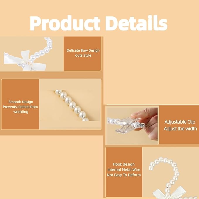13 inch Pearl Hanger Pants Hangers with Clip,Cute Ribbon Bow Hanger Clip Hangers for Wedding Dress Bride Bridesmaid Lingerie (5, Beige)
