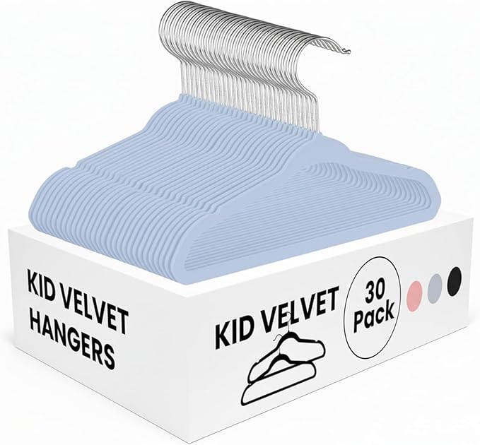 InfiniPower 30 Pack Kids Velvet Hangers, 11 Inch Baby Hangers with Non-Slip Design for Toddler Closet, Infant Clothes, Coats & Skirts, Blue