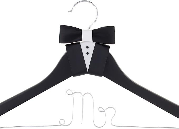 Ella Celebration Mr Wedding Groom Hanger Black Wooden and Silver Wire for Tuxedo or Suit, Hangers for Grooms and Weddings (Mr)