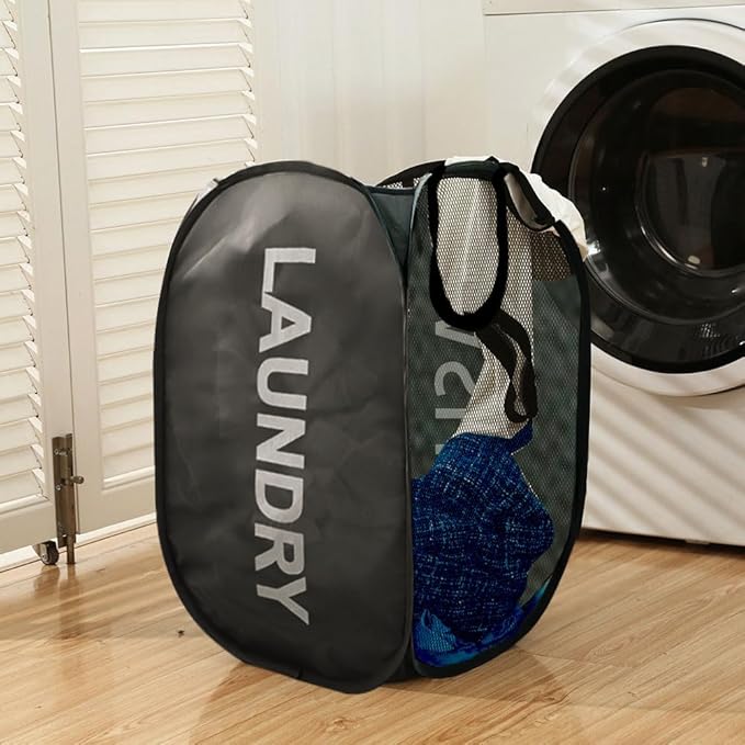 Pop Up Laundry Hampers, Collapsible Mesh Laundry Baskets, 2 Pack Black Clothes Hampers Storage Baskets for Home, Dorm, Travel