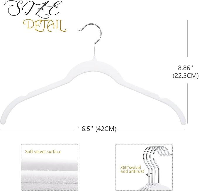 ManGotree 50 Pack Velvet Shirt Hangers for Women, 16.5'' Suit Hangers with 360° Swivel Hook, Non-Slip Coat Clothes Hanger for Tank Top, Shirts, Dress, Blouses, Strappy Dresses (White)