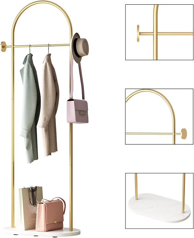 DR.IRON Modern Gold Clothes Racks with Shelves Freestanding, Gold Coat Racks with Marble Base & Coat Hanger with Umbrella for Entryway Hallway, Office or Bedroom