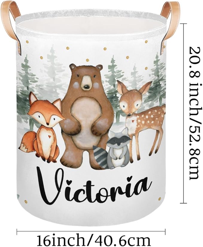 Personalized Laundry Basket, Custom Gift Laundry Hamper, Collapsible Nursery Waterproof Laundry Baskets, Dirty Clothes Toy Hamper with Handles Woodland Forest Animals
